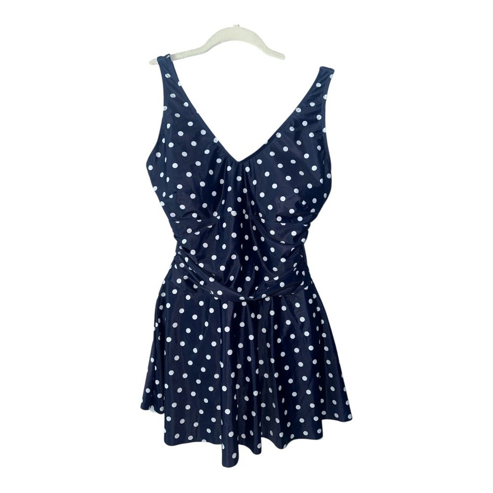 Yonique Navy Blue/White‎ Polka Dot Swim Dress, Large - Picture 2 of 8